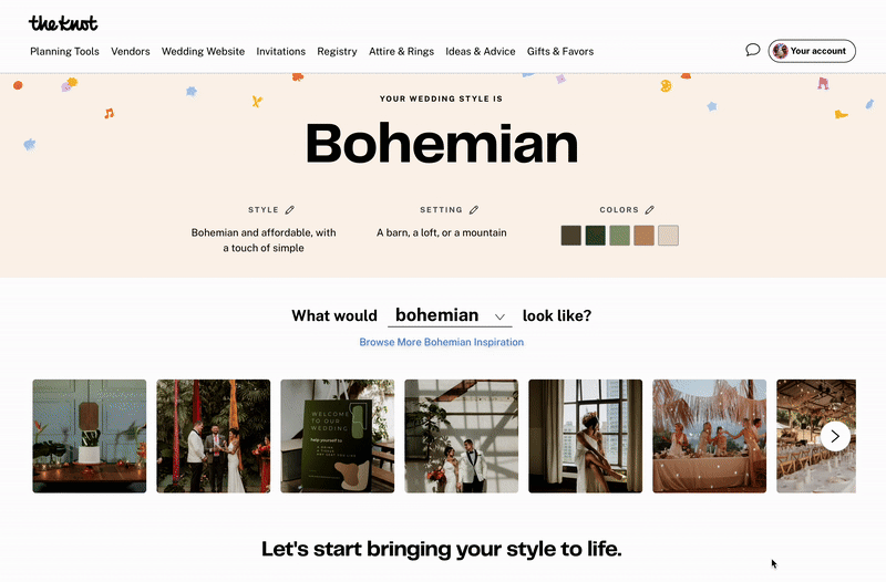 Webpage section from 'The Knot' showcasing a Bohemian wedding style with suggested settings and colors, and a gallery of inspiration images.